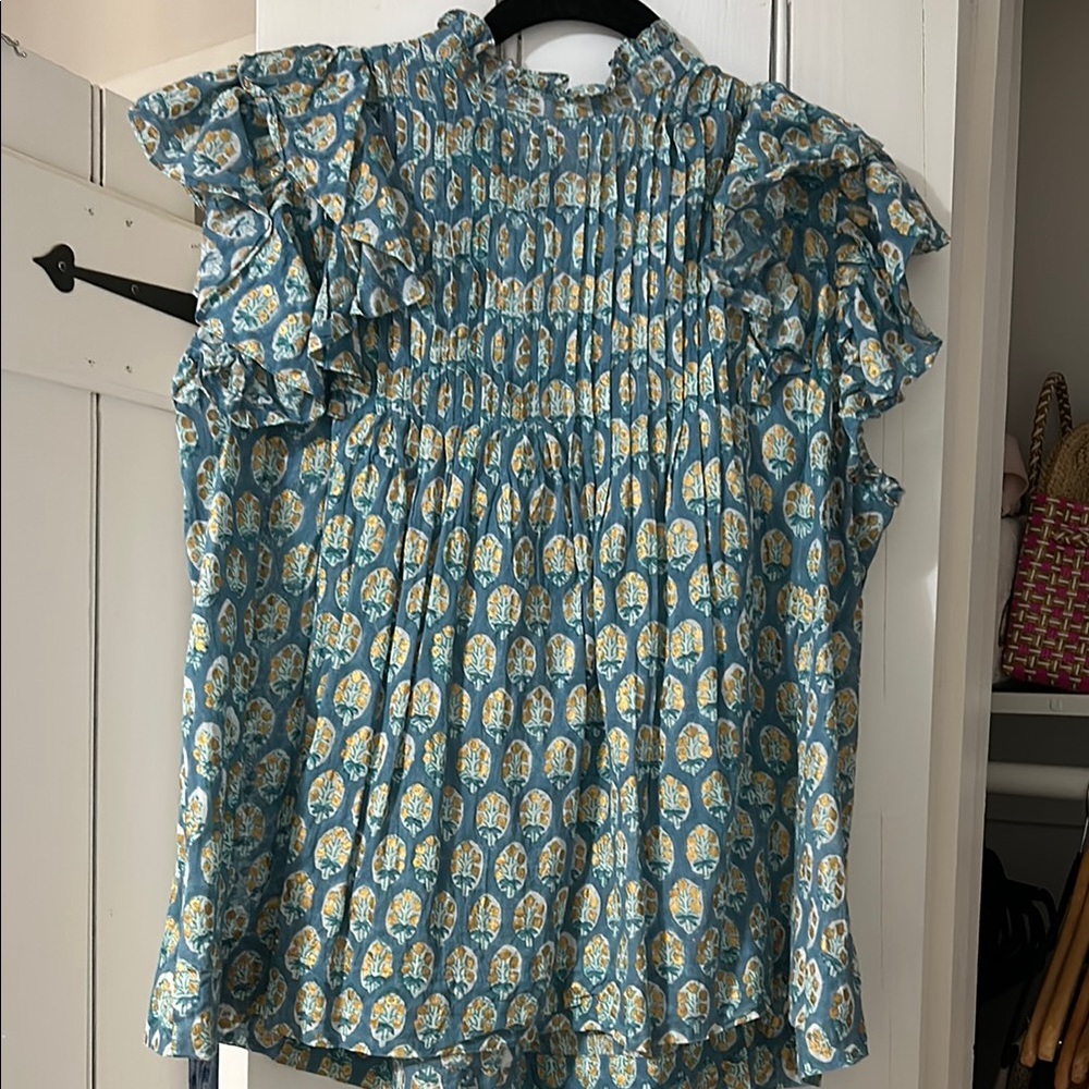 Oliphant Floral Ruffle Sleeve Top - Blue and Gold